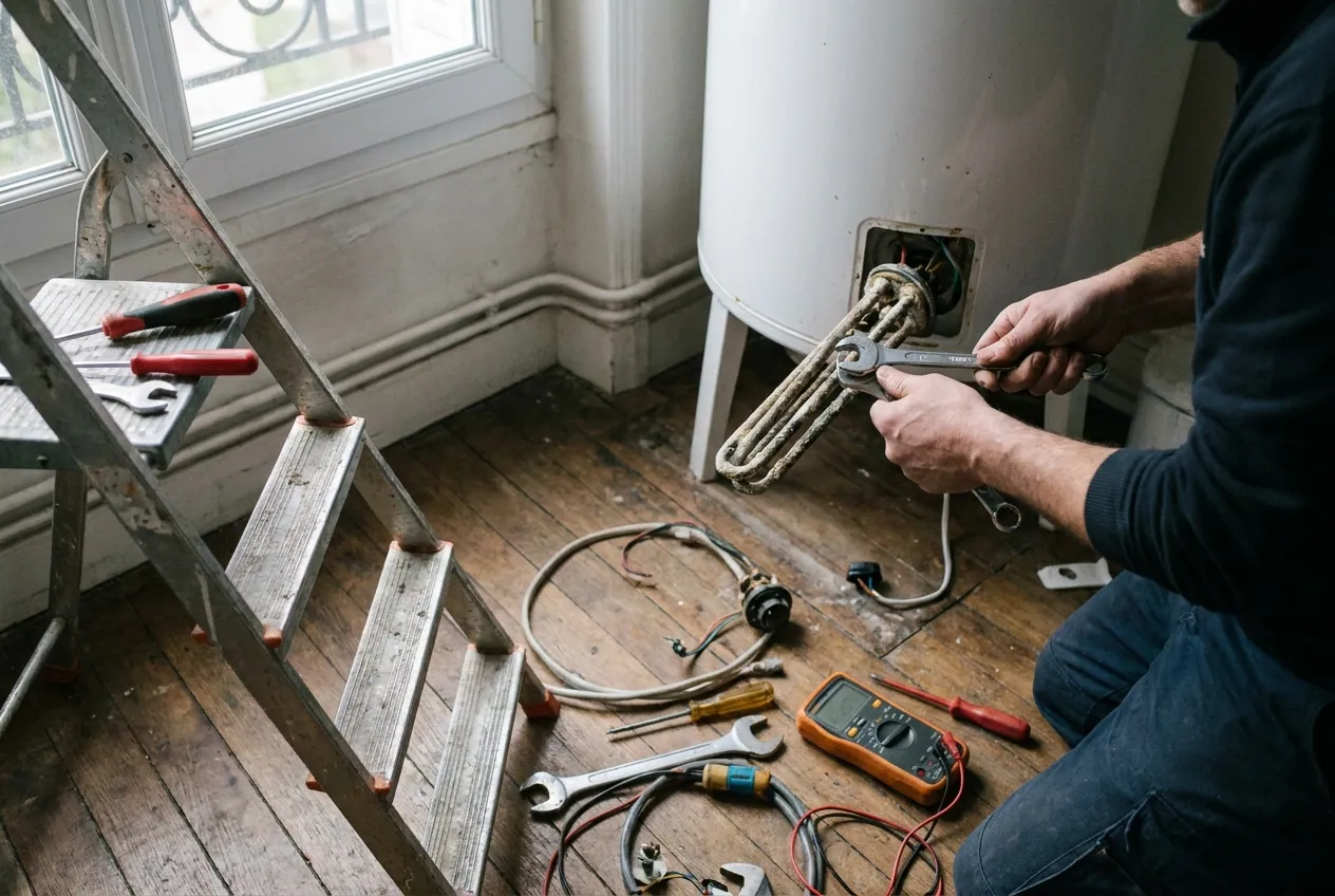 Thermostat et résistance d'un cumulus électrique en panne dans une maison de Viroflay