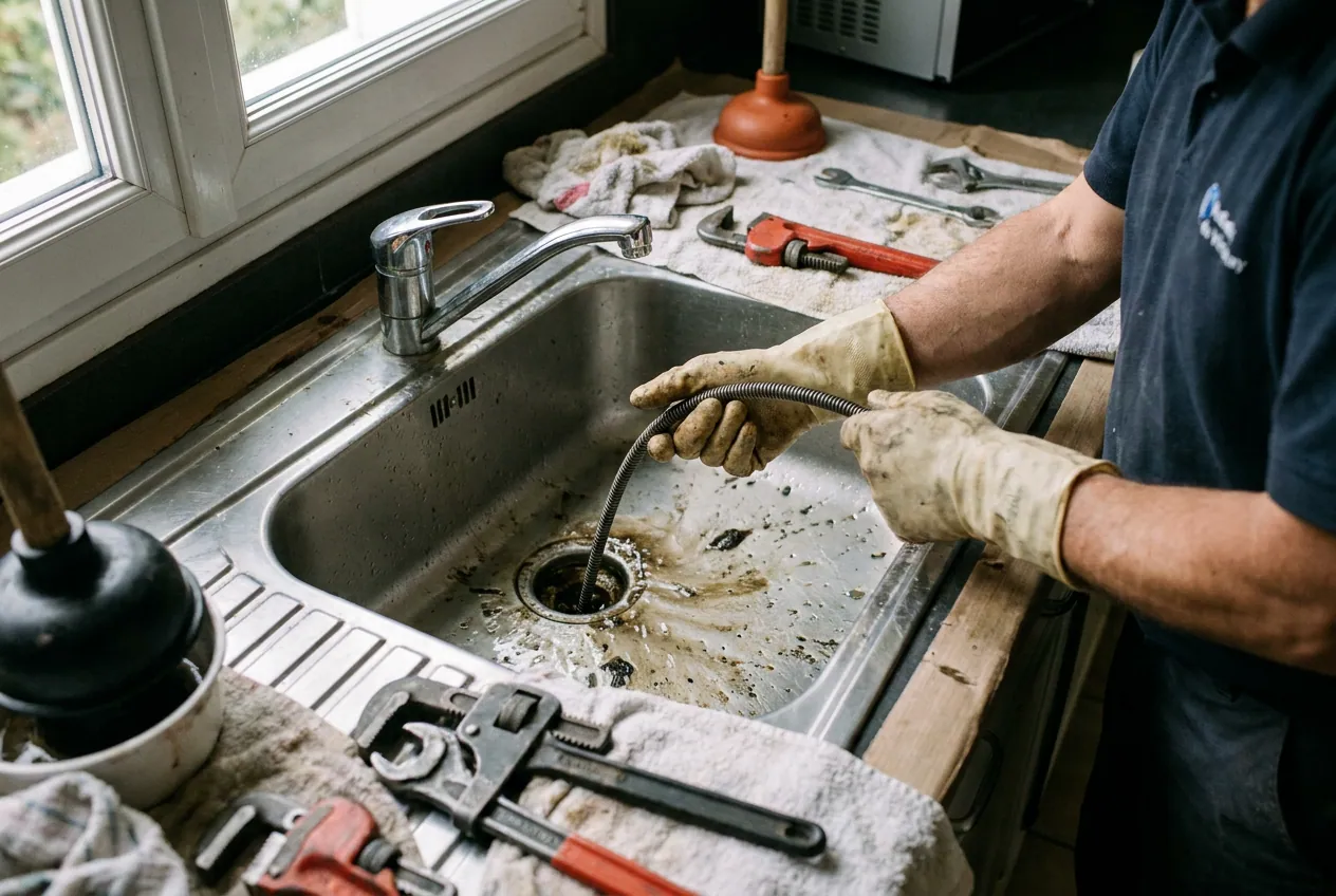 Débouchage d'une canalisation d'évier bouchée dans une cuisine à Viroflay