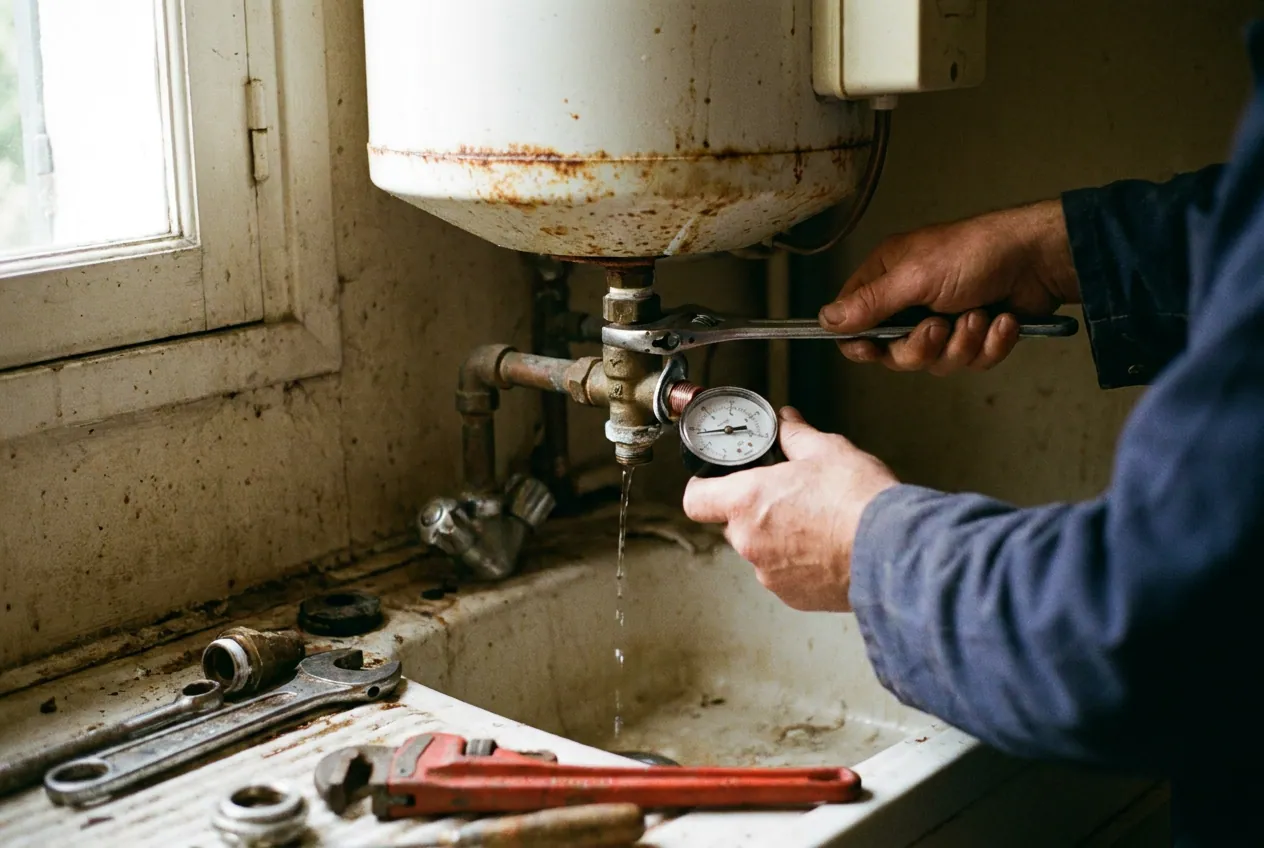 Vérification annuelle du groupe de sécurité d'un chauffe-eau dans une maison de Viroflay
