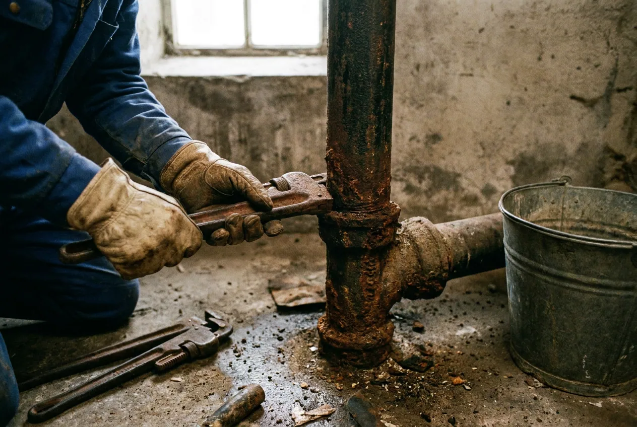 Canalisation ancienne corrodée dans le sous-sol d'un pavillon des coteaux de Viroflay